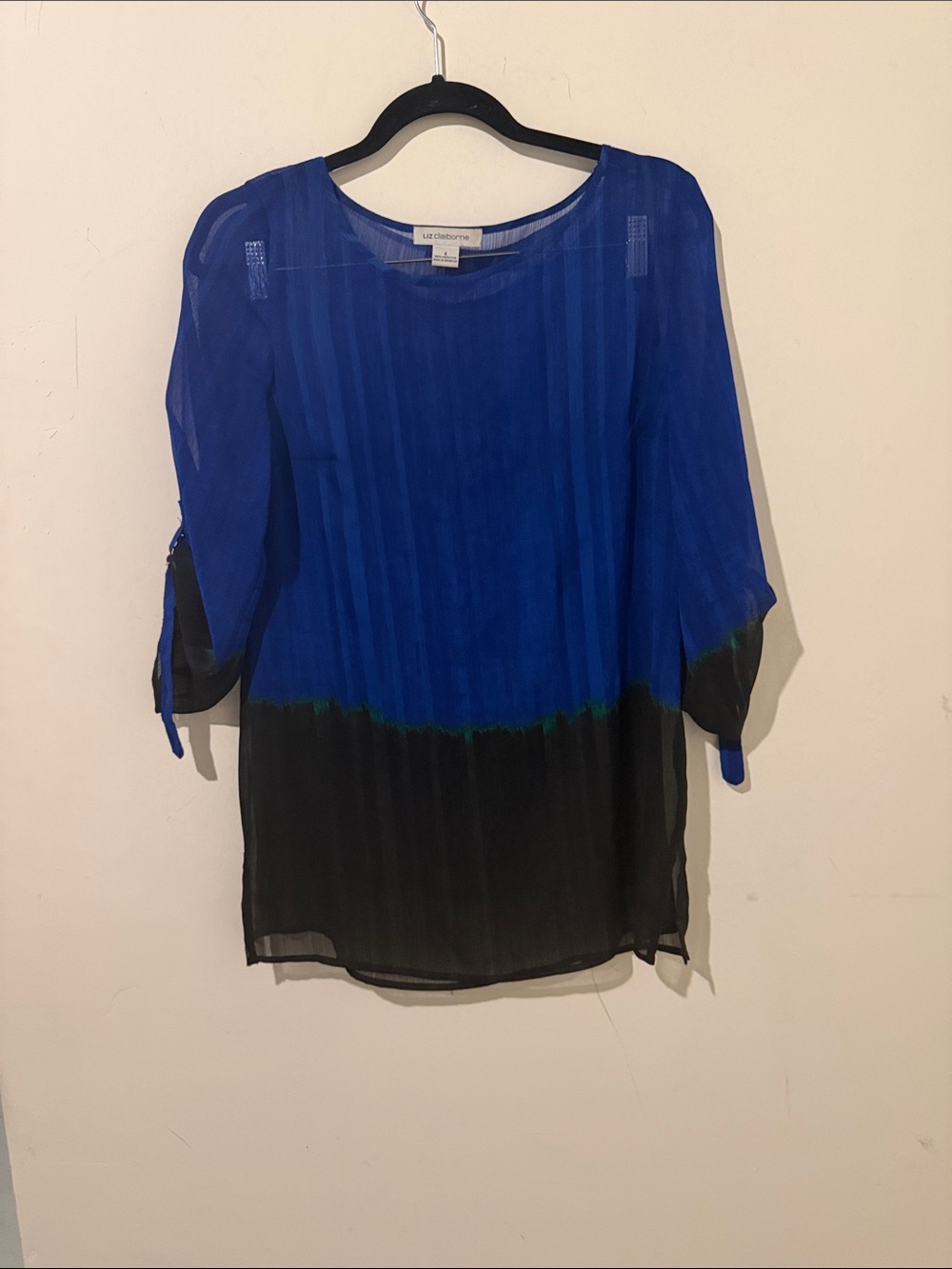 Liz Claiborne Royal Blue and Black Sheer Roll-Tab Blouse Size Small